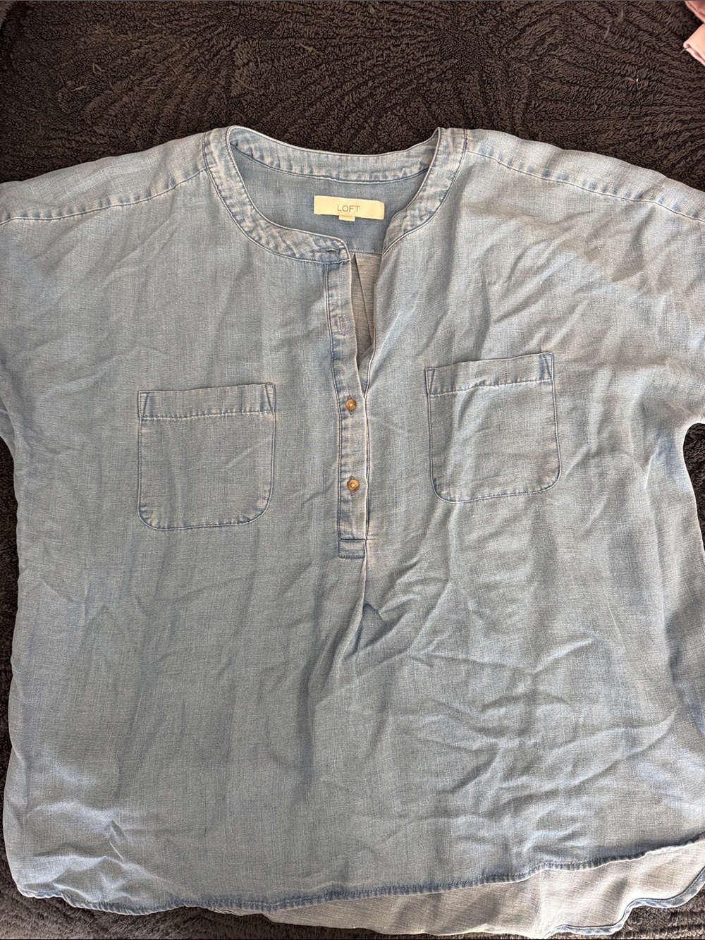 LOFT Chambray Light Blue Button-Neck Shirt